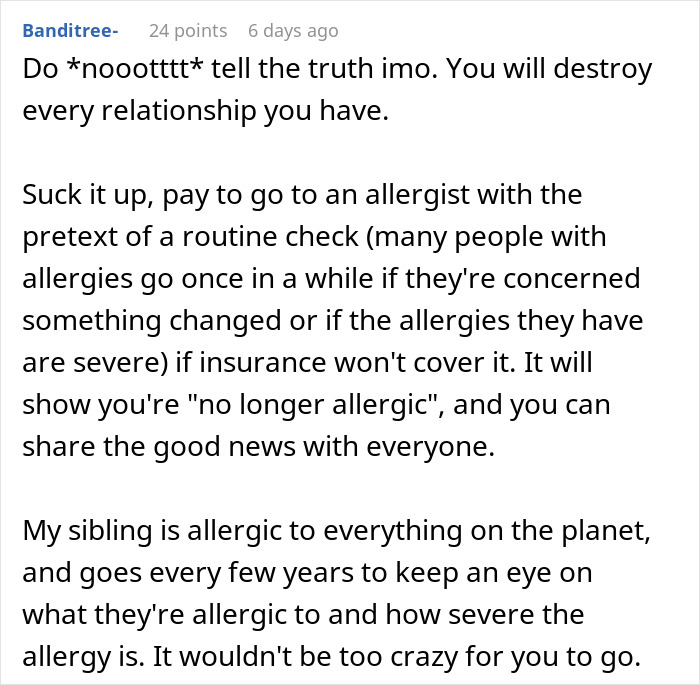 Comment discussing faking an allergy and advice on visiting an allergist.