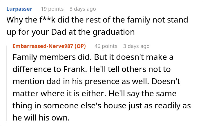 Reddit users discuss controlling stepdad and family issues at graduation. Reddit users discuss controlling stepdad and family issues at graduation.