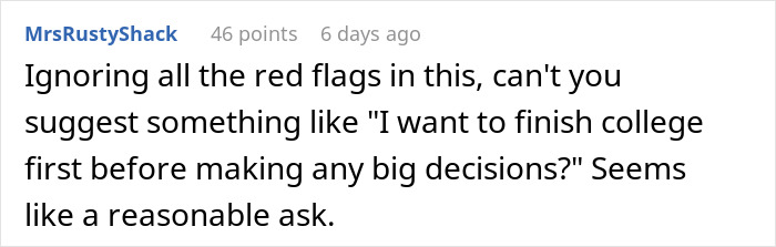 Comment discussing relationship advice related to a sugar daddy proposal.