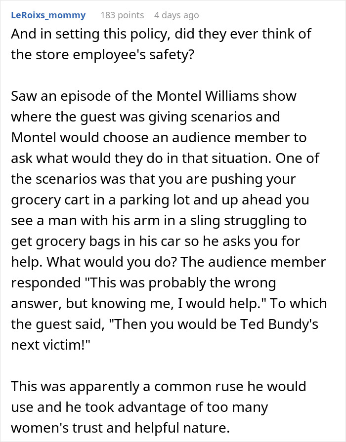 Text discussing grocery store employee policies and safety concerns. Text discussing grocery store employee policies and safety concerns.