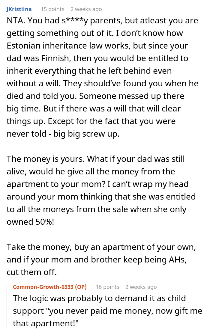 Text screenshot discussing inheritance rights and entitlement to parents' apartment money.