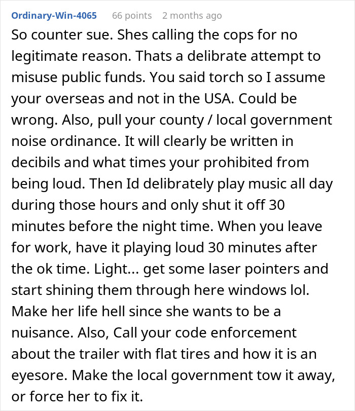 Discussion about a neighbor lawsuit, suggesting counteractions involving local noise ordinances and code enforcement. Discussion about a neighbor lawsuit, suggesting counteractions involving local noise ordinances and code enforcement.