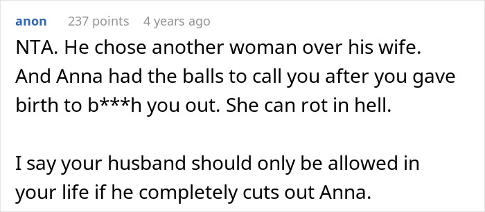 Reddit comment criticizing husband choosing friend over child&rsquo;s birth, suggesting cutting ties with friend.