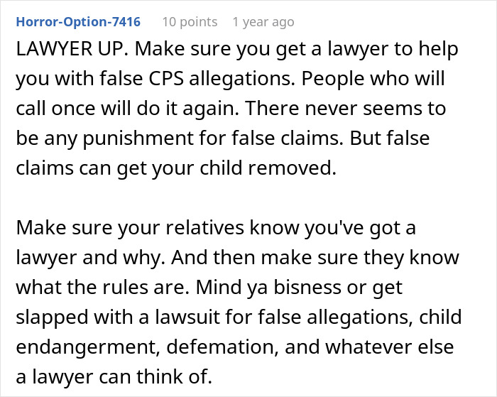 Text discussing legal advice on false CPS claims affecting family dynamics.