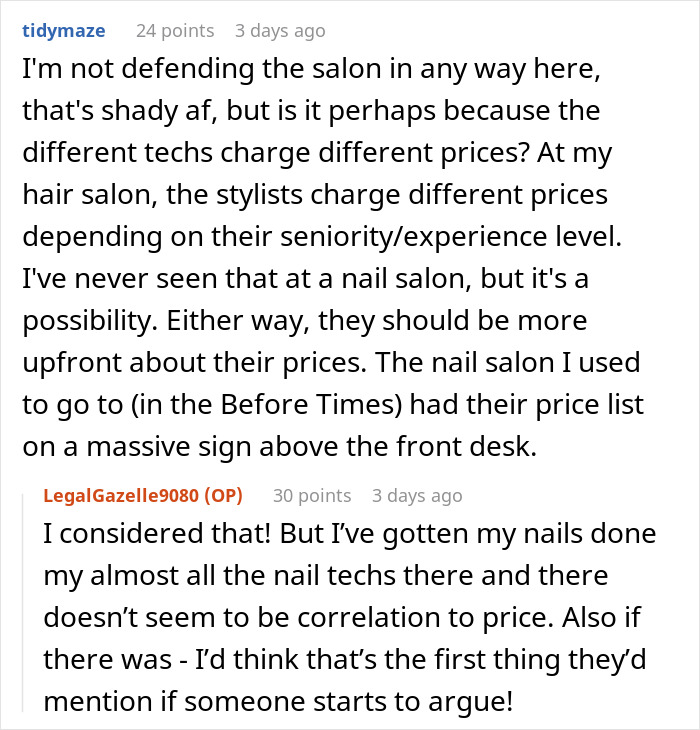 Discussion about nail salon prices in an online forum, with users debating price transparency and fairness.