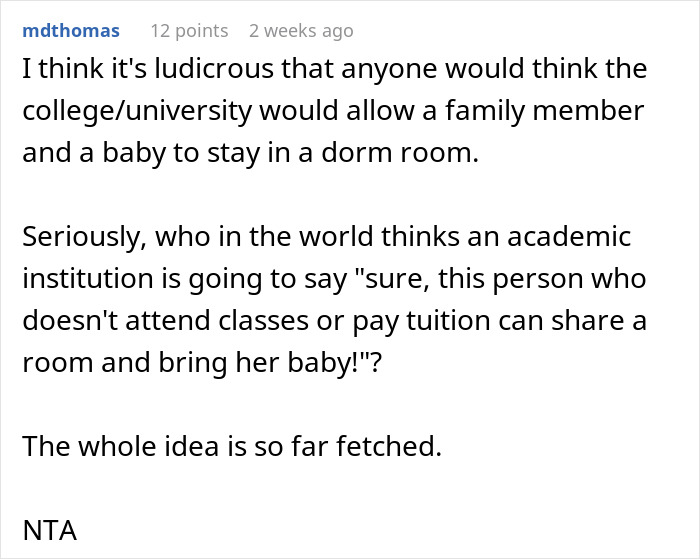 Text discussing refusal to share college dorm room due to inconvenient family arrangement with sister and baby.