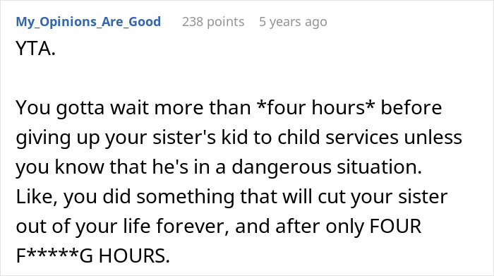 Reddit comment criticizing a decision involving child services and family relationships.