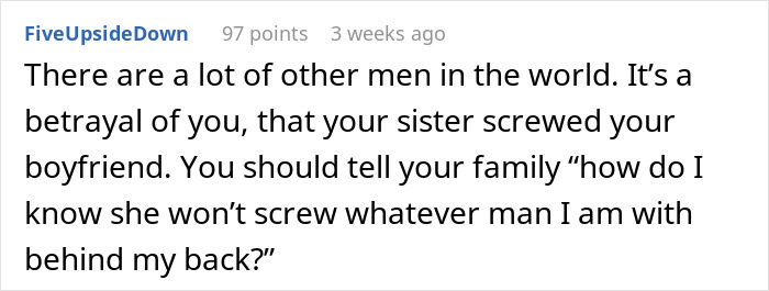 Comment discussing betrayal and family trust issues over a past relationship conflict.