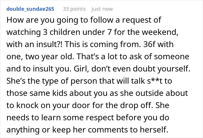 Screenshot of a user comment discussing babysitting stress and respect between siblings.