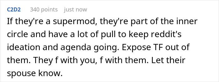Comment discussing power of a Reddit supermod and suggesting exposure of their secrets.