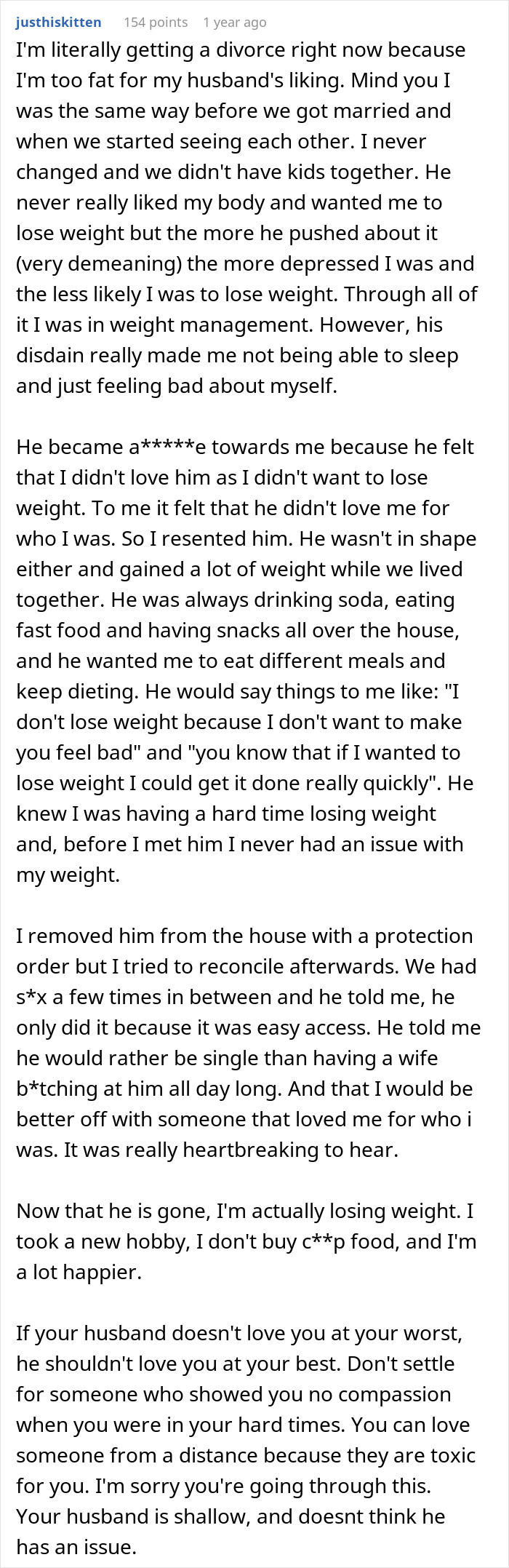 Reddit post about wife losing weight leading to divorce, discussing body image and relationship struggles. Reddit post about wife losing weight leading to divorce, discussing body image and relationship struggles.