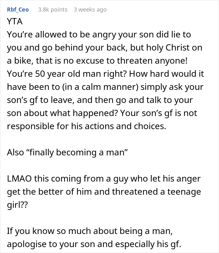 Comment criticizing a dad for banning his son from seeing his girlfriend due to slipping grades.