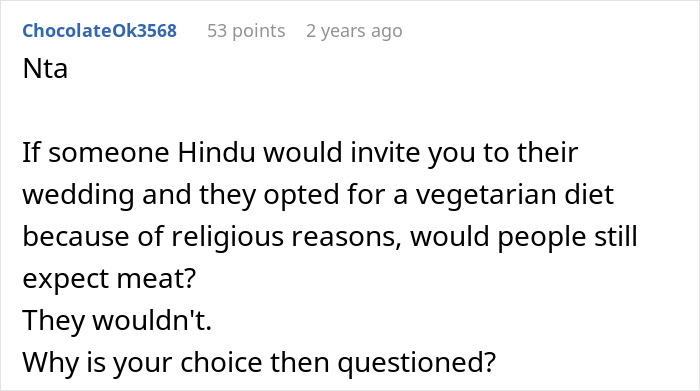 Reddit comment discussing opinions on offering meat at weddings, mentioning cultural dietary choices. Reddit comment discussing opinions on offering meat at weddings, mentioning cultural dietary choices.
