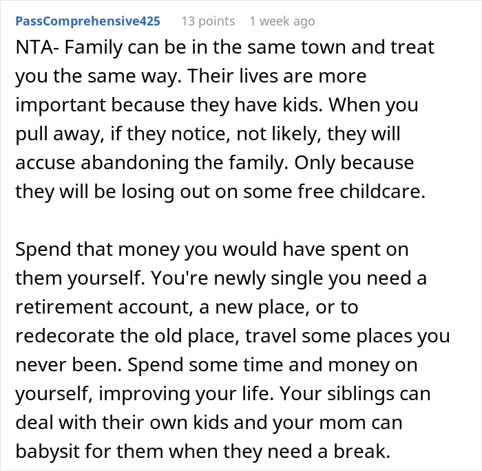 Text exchange discussing family dynamics and choosing self-care over visiting siblings and nieces and nephews.