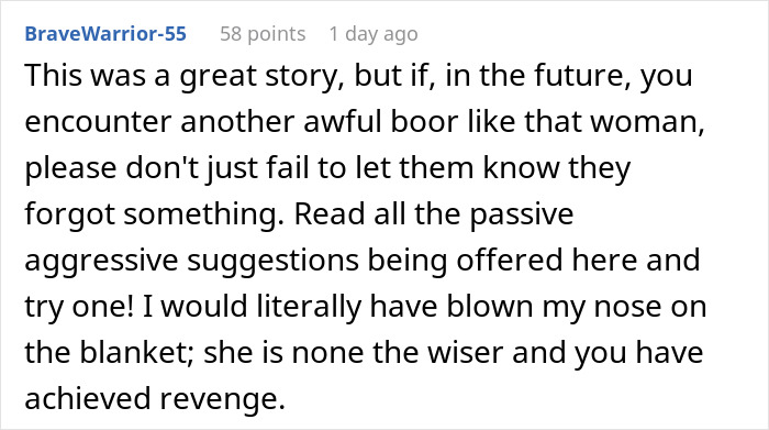 A comment discussing revenge tactics on a rude plane passenger.