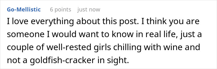 Reddit comment discussing stress, appreciating post about finding humor and relaxation without kids.