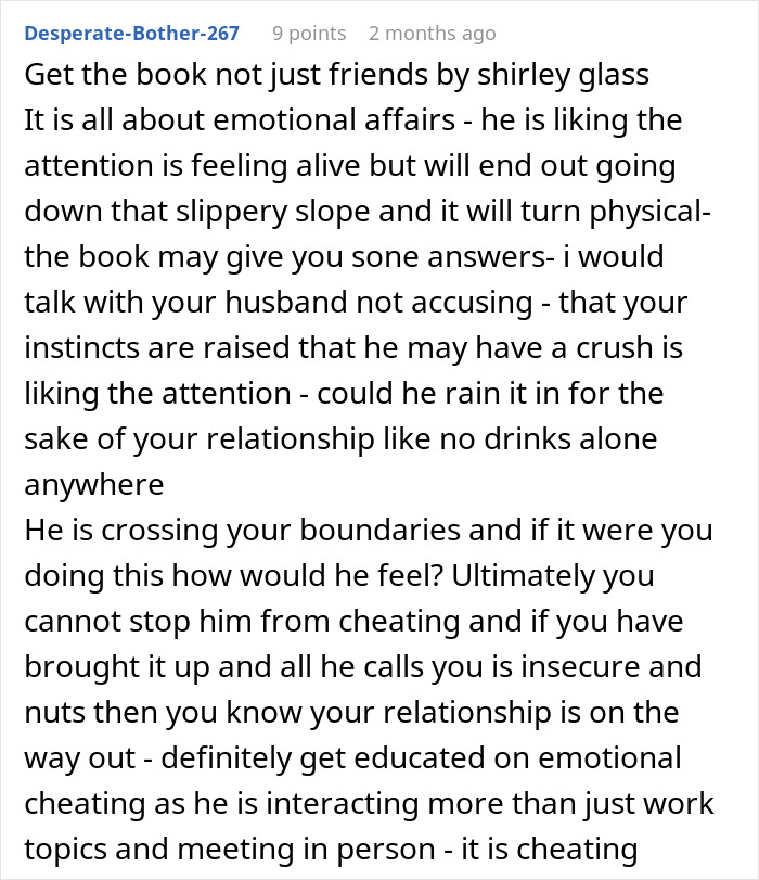 Wife discovers truth after husband&rsquo;s late-night drinks with just a coworker, raising concerns about emotional boundaries.