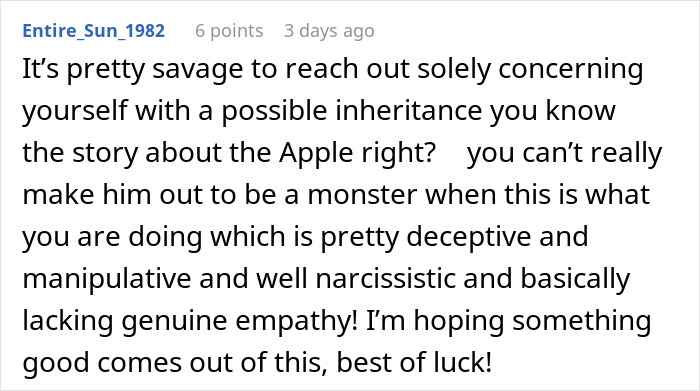 Comment discussing the complexity of reaching out to a long-lost grandfather about inheritance with empathy concerns.