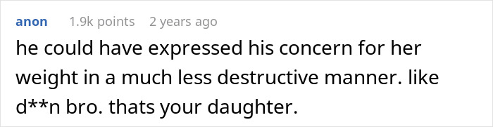 Screenshot of a social media comment discussing a husband fat-shaming his 13-year-old daughter and a furious lady's response.