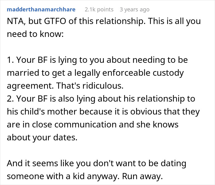 Reddit user advises someone to leave a relationship with a man whose ex knows about his dates.