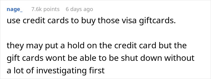 Comment discussing strategies for using a good credit score to buy Visa gift cards with a credit card for secure spending.