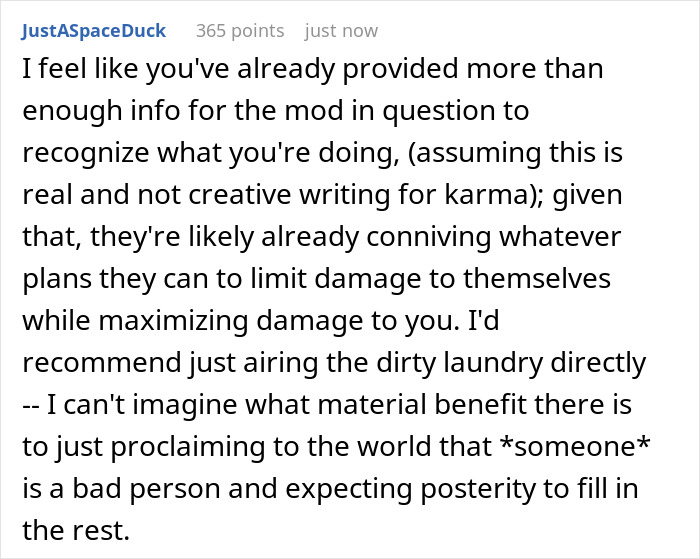Reddit comment discussing the strategy of revealing information about a married mod accused of wrongdoing.