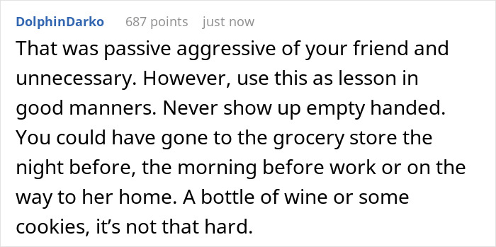 Text message discussing potluck etiquette and the importance of not arriving empty-handed.