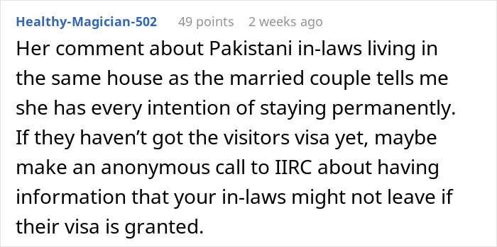 Text discussing in-laws staying permanently due to visa issues and suggestions for handling the situation discreetly. Text discussing in-laws staying permanently due to visa issues and suggestions for handling the situation discreetly.