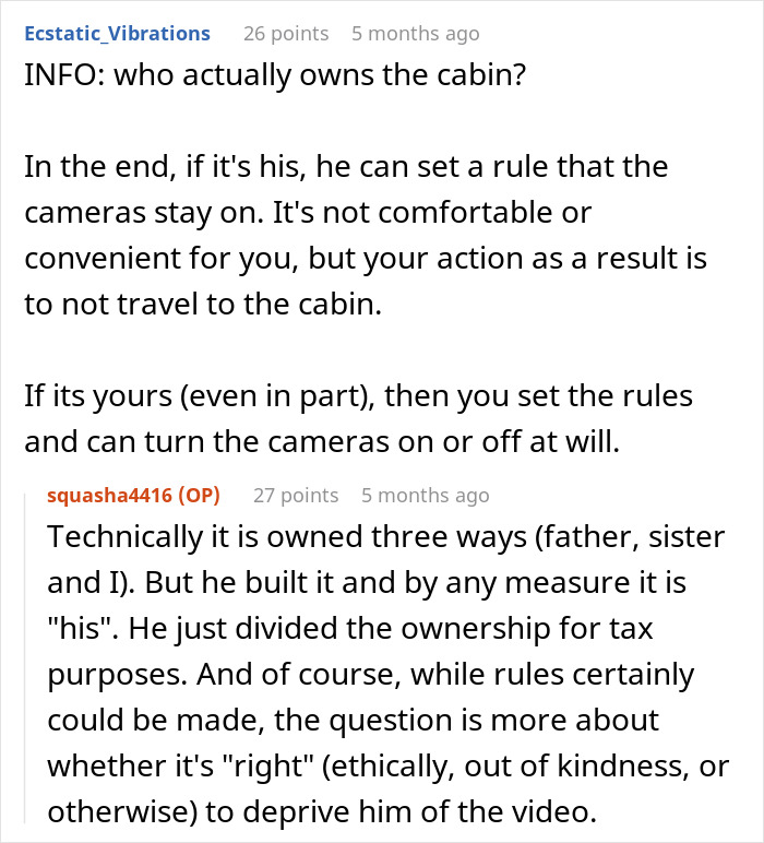 Reddit discussion about vacation house security camera control and family ownership rules.