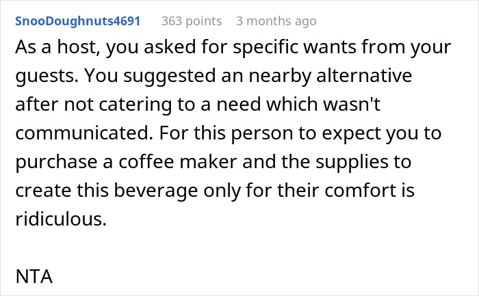 Reddit user's comment about accommodating guests' needs without coffee, highlighting a reasonable host response.