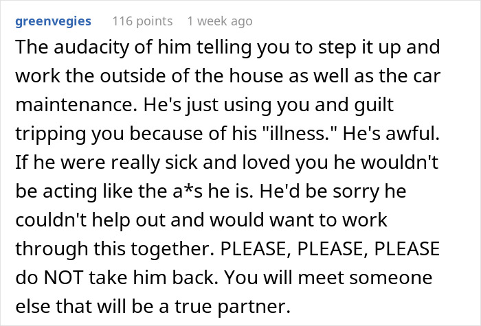 Reddit comment about someone using illness as an excuse to avoid cleaning and spending time with a girlfriend.