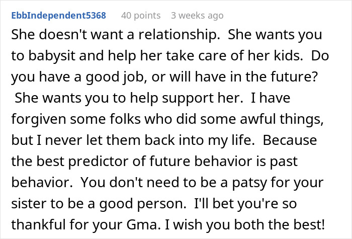 Text exchange about refusing to rekindle a relationship with a sister after conflict over a man.