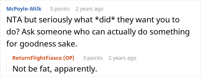 Reddit exchange about woman booking two plane seats, discussing body size concerns.