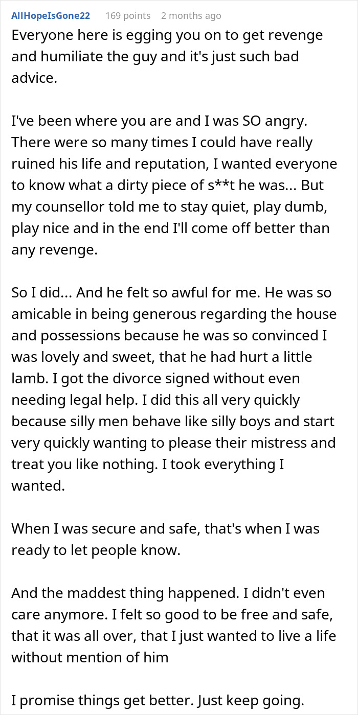 Comment text about a wife learning the truth after husband&rsquo;s late-night drinks with coworker and moving on peacefully.