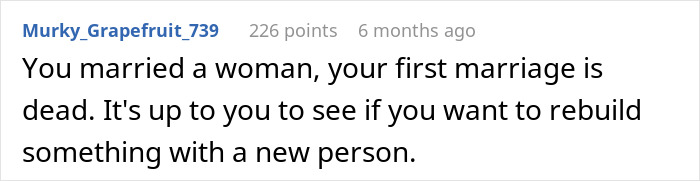 Text comment on a forum discussing feelings and advice after a wife came out as trans and navigating what to do next. Text comment on a forum discussing feelings and advice after a wife came out as trans and navigating what to do next.