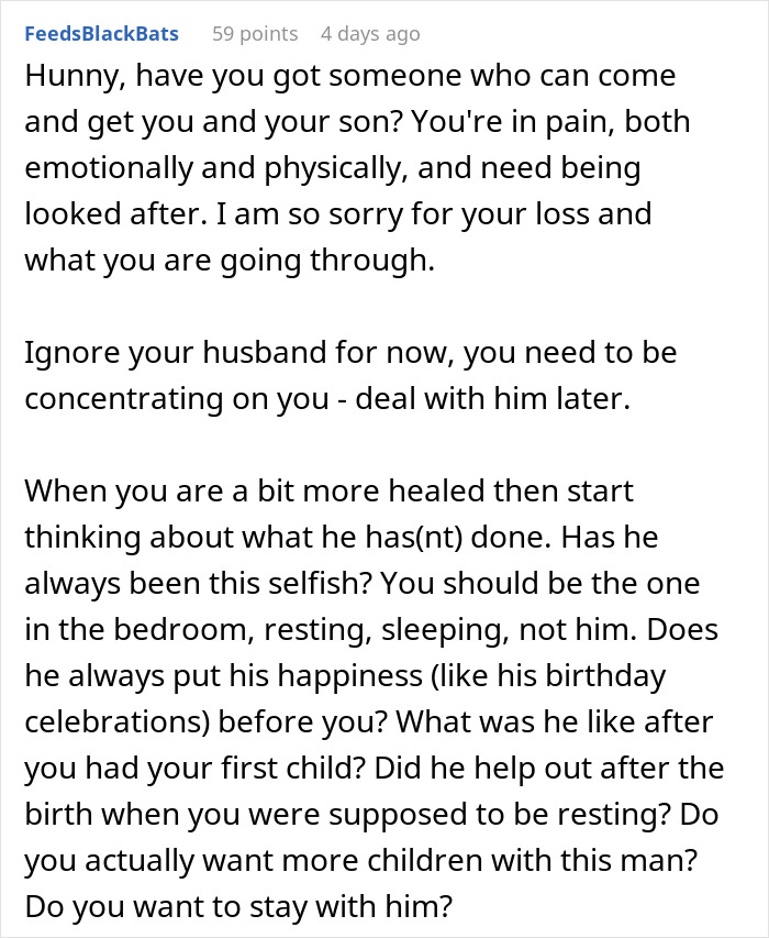 Online comment advising a woman after her miscarriage led to conflict with her husband. Online comment advising a woman after her miscarriage led to conflict with her husband.