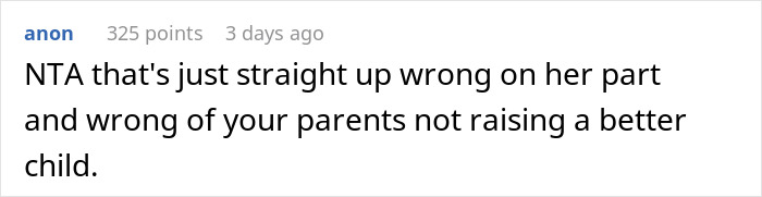 Reddit comment about sister's wrongdoing after clothes destruction, calling out parents' lack of discipline.