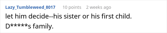 Comment discussing whether husband should prioritize sister's wedding or child's birth.