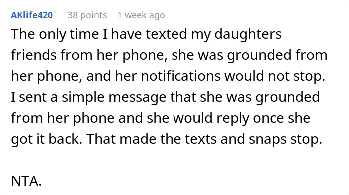 Text exchange about teen's phone use, mentioning grounding to stop messages, part of a discussion on checking phones and privacy. Text exchange about teen's phone use, mentioning grounding to stop messages, part of a discussion on checking phones and privacy.