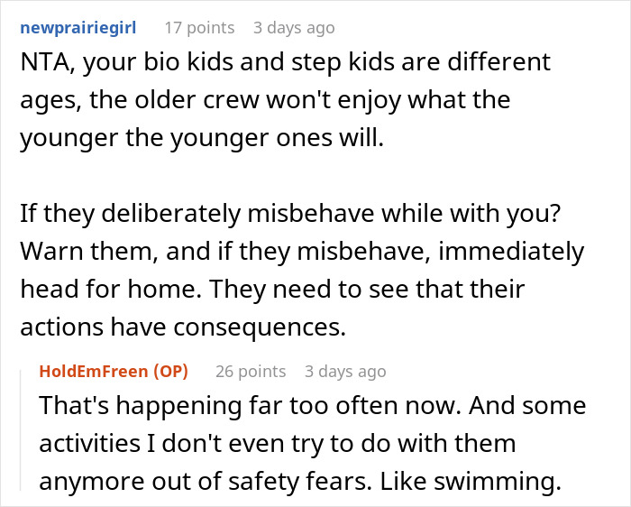 Discussion on stepmom exclusion from family events, mentioning child behavior and safety concerns in comments.