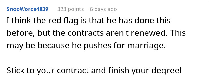 Comment discusses sugar daddy contracts, warning against marriage proposals, and advises focusing on education.