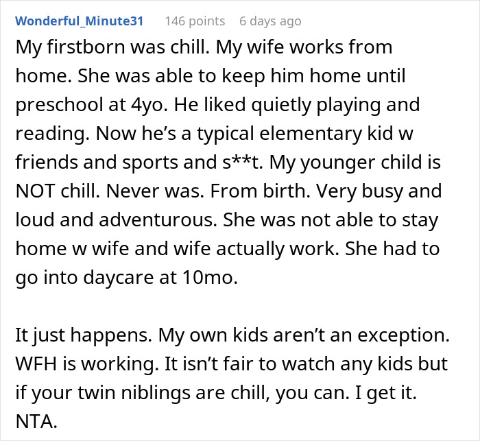 Text detailing sibling babysitting dynamics, focusing on the refusal to help a sister despite her pleas.