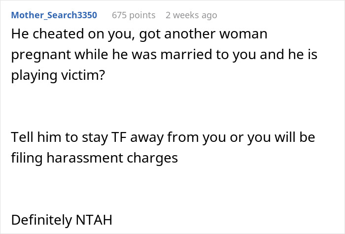 Reddit comment criticizing a man for cheating and getting another woman pregnant, advising legal action.