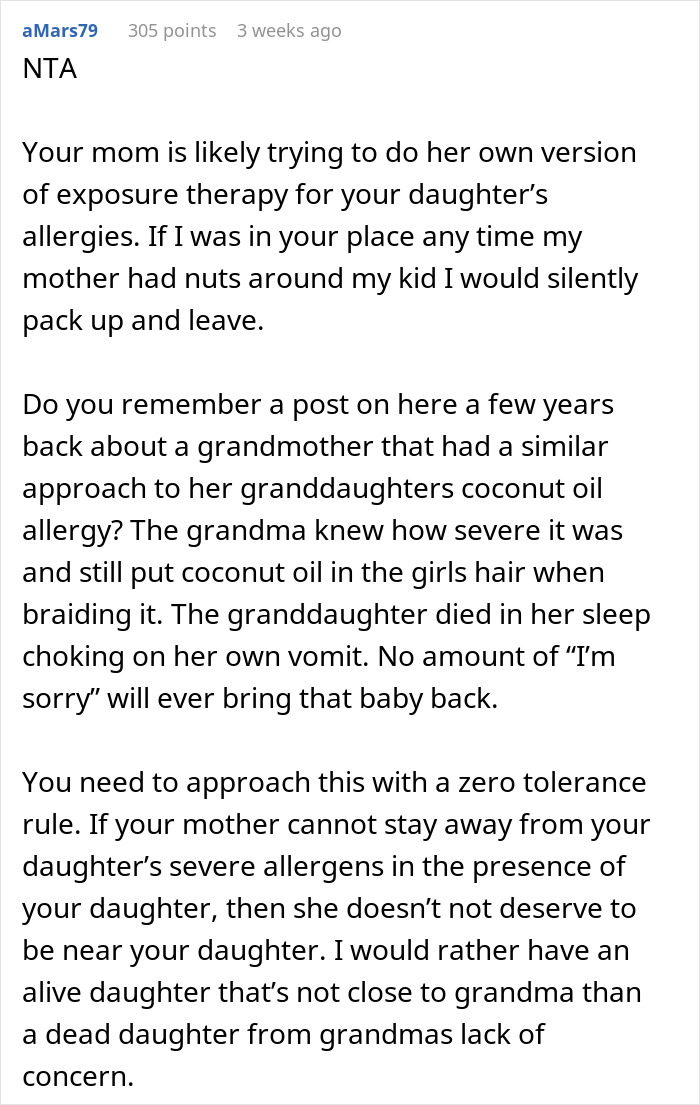 Comment discussing grandma threatening granddaughter&rsquo;s life over nuts and the serious allergy risks involved.