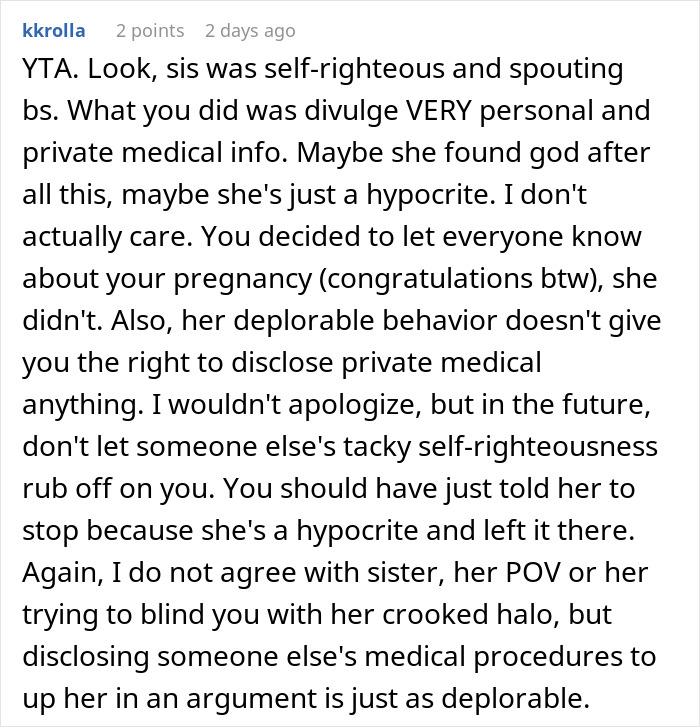 Text comment criticizing a sister for being self-righteous and discussing a woman's pregnancy and private medical info. Text comment criticizing a sister for being self-righteous and discussing a woman's pregnancy and private medical info.