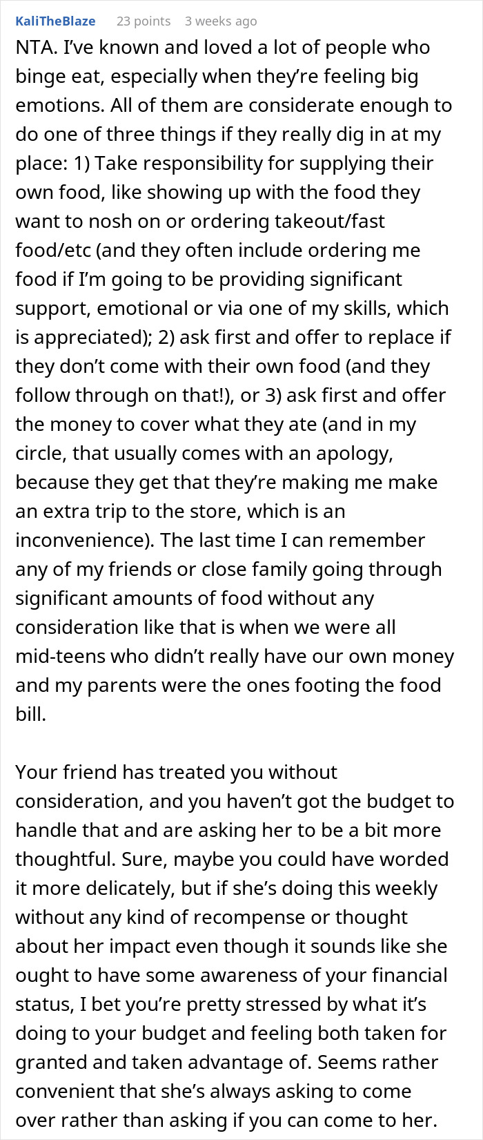 Reddit post discussing a woman confronting a friend who often consumes $60 worth of her groceries, emphasizing consideration.