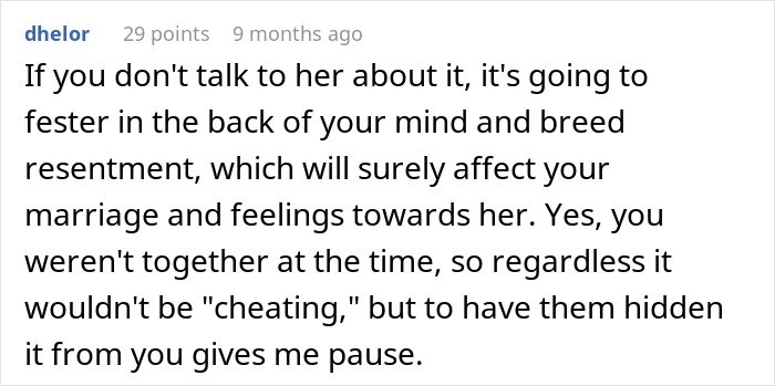 Reddit comment discussing marriage trust and the impact of hidden truths on relationships.