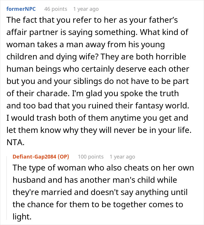 Reddit comments discussing uncomfortable situation at dad's engagement dinner.