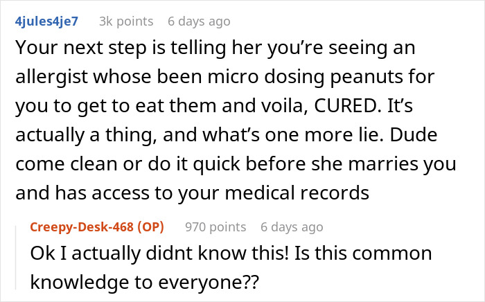 Reddit comment discussing fake allergy cure through micro dosing peanuts.
