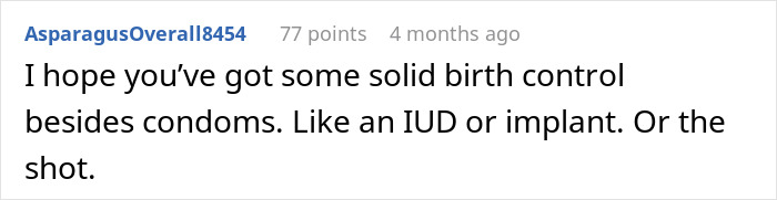 Comment discussing birth control options like IUDs, implants, or shots.